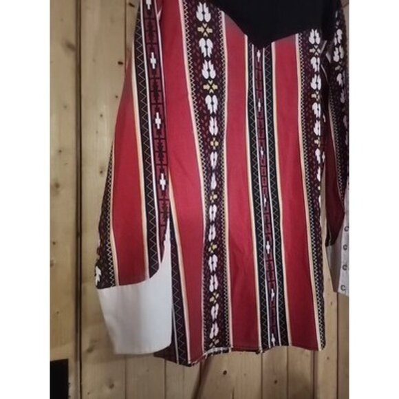 VTG Steer West Western Pearl Snap Down Long Sleeve Shirt Size L Red Black Navajo - Picture 12 of 15